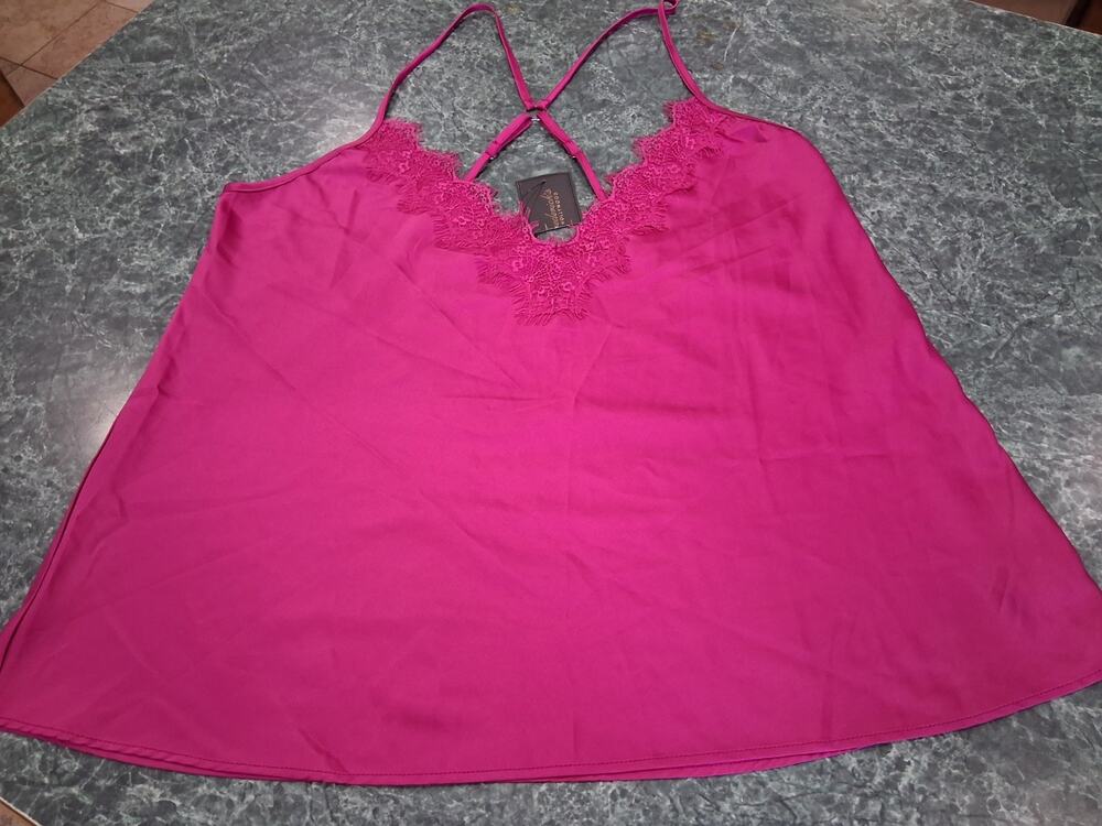 Frederick’s of Hollywood Erina Satin Lace Babydoll Cami Top XL NWT Strappy Back